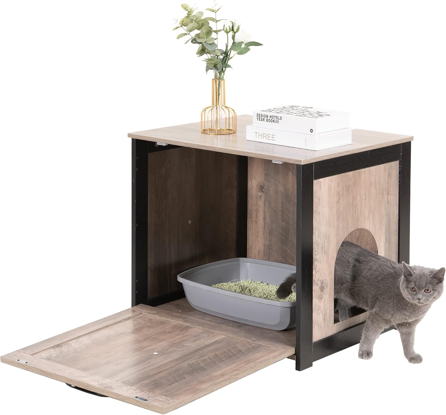 Cat Litter Box Furniture Hidden, Cat Litter Box Enclosure, Reversible Entrance Can Be on Left or Right Side, Indoor Cabinet, Wooden Washroom, End Table, Nightstand, Greige, 23.6" L