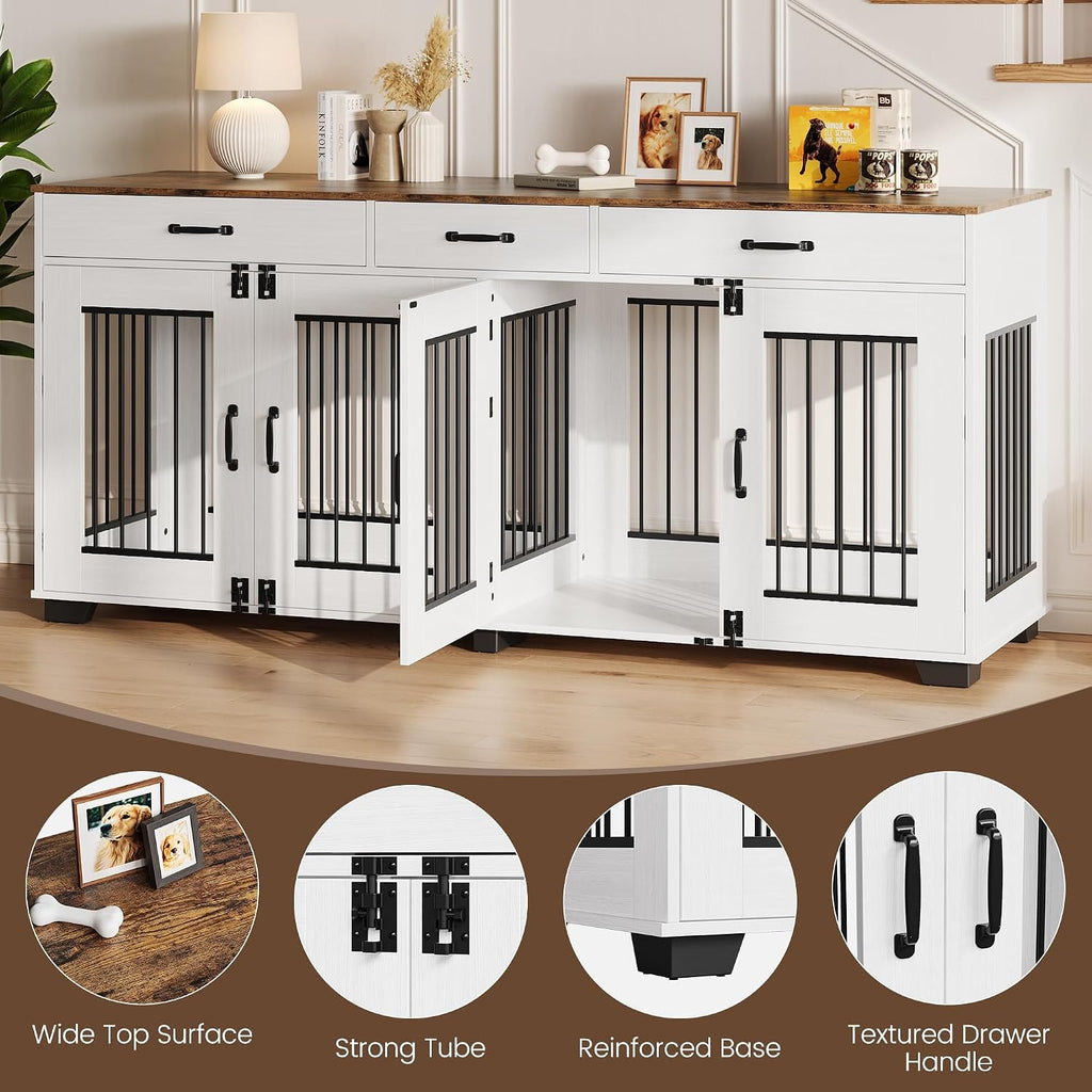 71'' Large Dog Crate for 2 Dogs, Dog Crate with 3 Drawer, White | Dog Kennel Furniture, Heavy Duty Dog Cage and TV Stand, Perfect for Medium Large Dogs