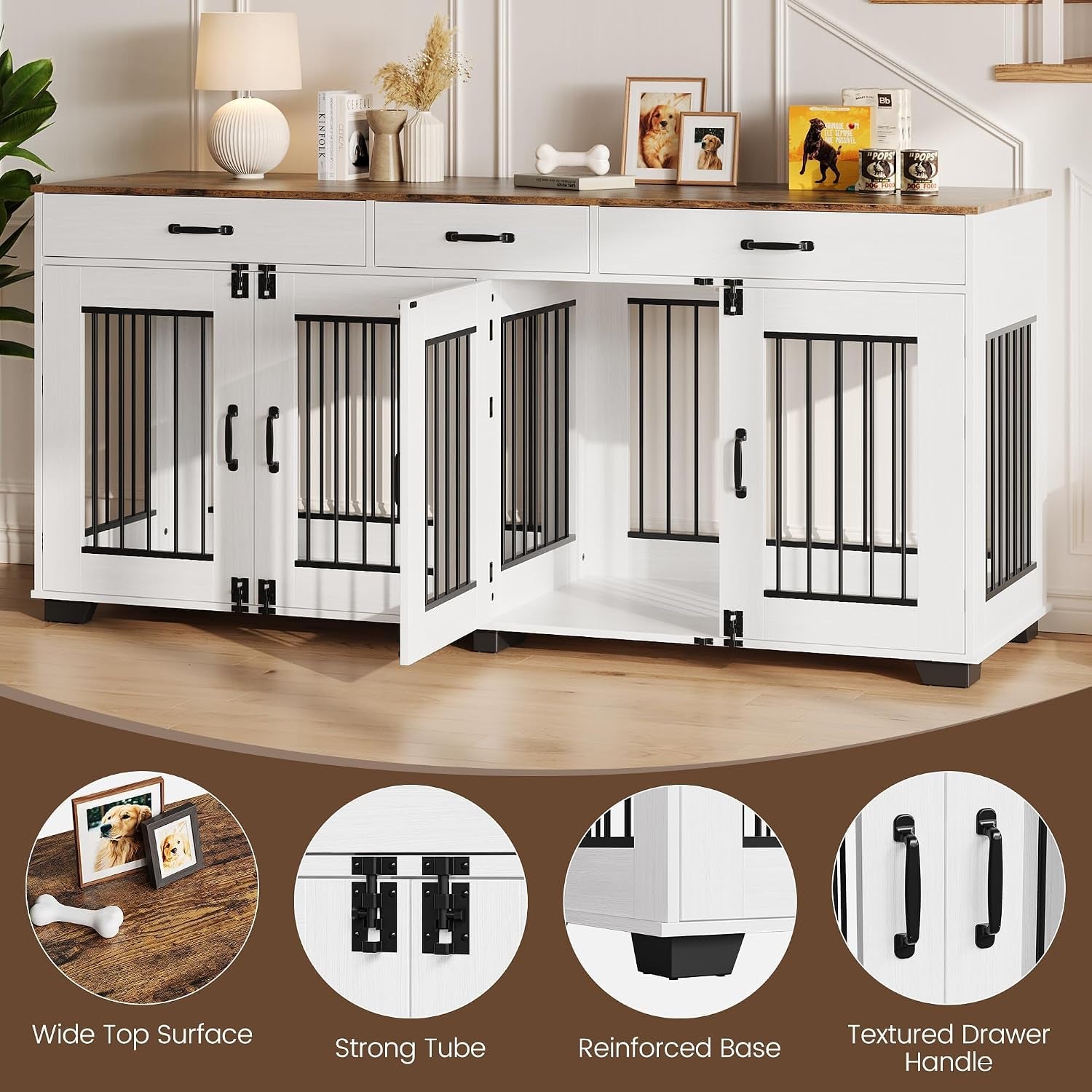 71'' Large Dog Crate for 2 Dogs, Dog Crate with 3 Drawer, White | Dog Kennel Furniture, Heavy Duty Dog Cage and TV Stand, Perfect for Medium Large Dogs