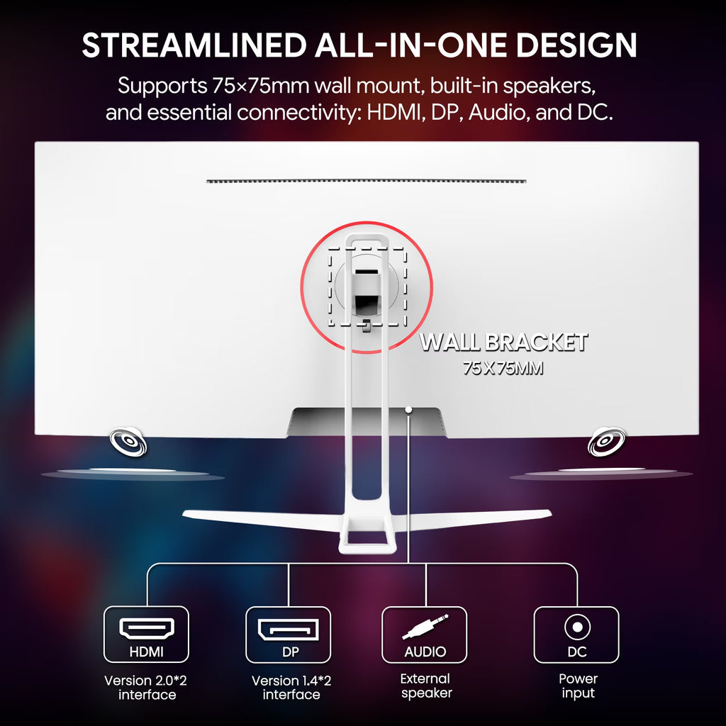 34" WQHD 165Hz Utrawide Gaming Monitor,3440X1440 21:9 IPS Gaming Monitor,Build-In Speakers,120% Srgb,Amd Freesync,Hdmi & Dp,Wall Mount Mount - White