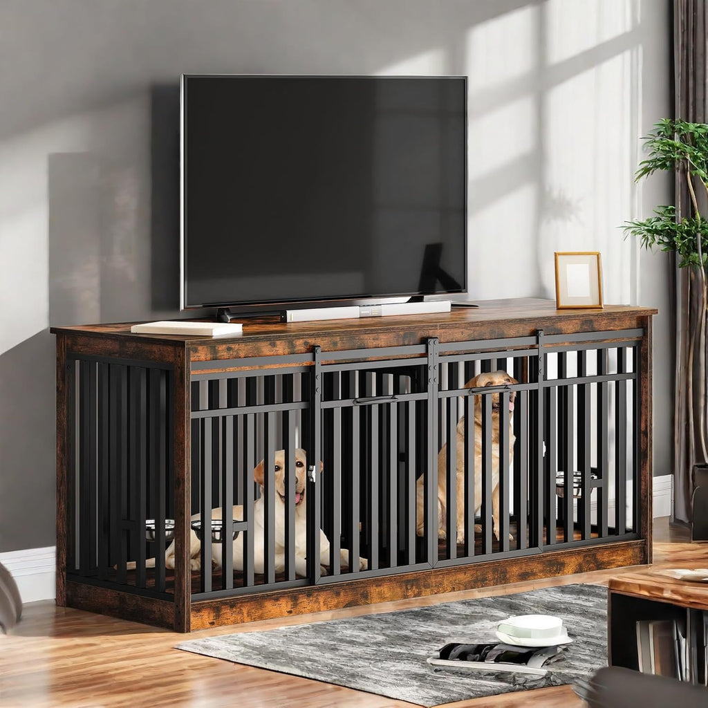 71" Double Dog Crate Furniture with 4 Dog Bowls | Heavy Duty Wooden Dog Crate TV Stand, Dog Kennel Indoor Furniture Sliding Barn Door Design for Extra Large Dogs, Rustic Brown