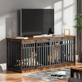 71" Double Dog Crate Furniture with 4 Dog Bowls | Heavy Duty Wooden Dog Crate TV Stand, Dog Kennel Indoor Furniture Sliding Barn Door Design for Extra Large Dogs, Rustic Brown