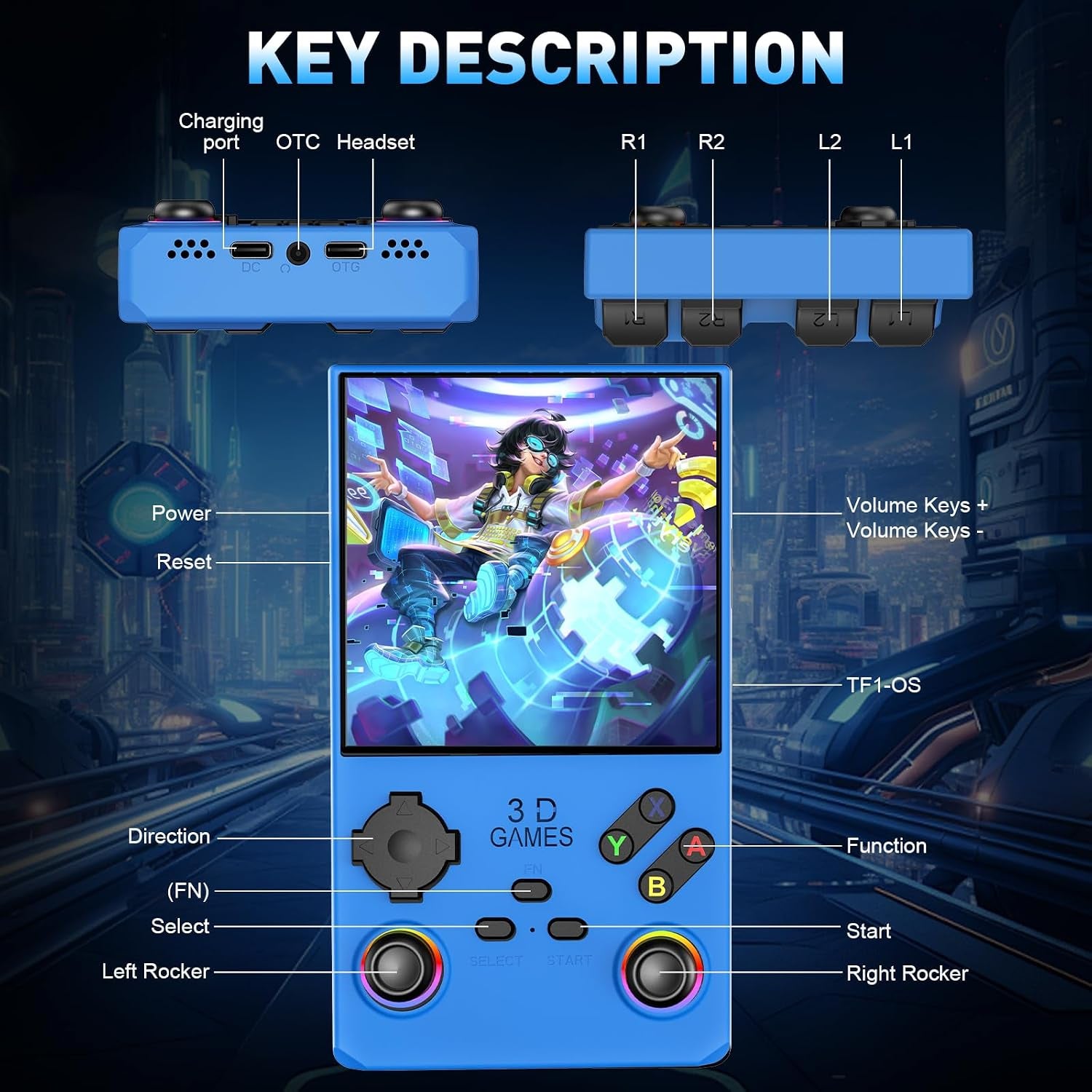 Hugawello R40 MAX Retro Handheld Game Console 4'' IPS 256GB 45 Emulators Linux [Blue]