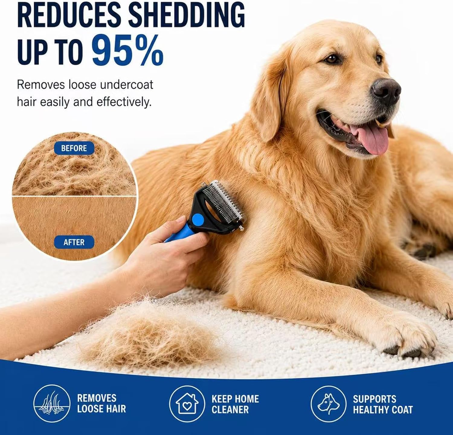Deshedding Dog Brush，3-In-1 Undercoat Rake for Dogs (Blue) | Pet Pro Grooming Tool – Ultimate Dematting Comb & Deshedding Brush for Cats and Dogs, Perfect for Shedding & Detangling