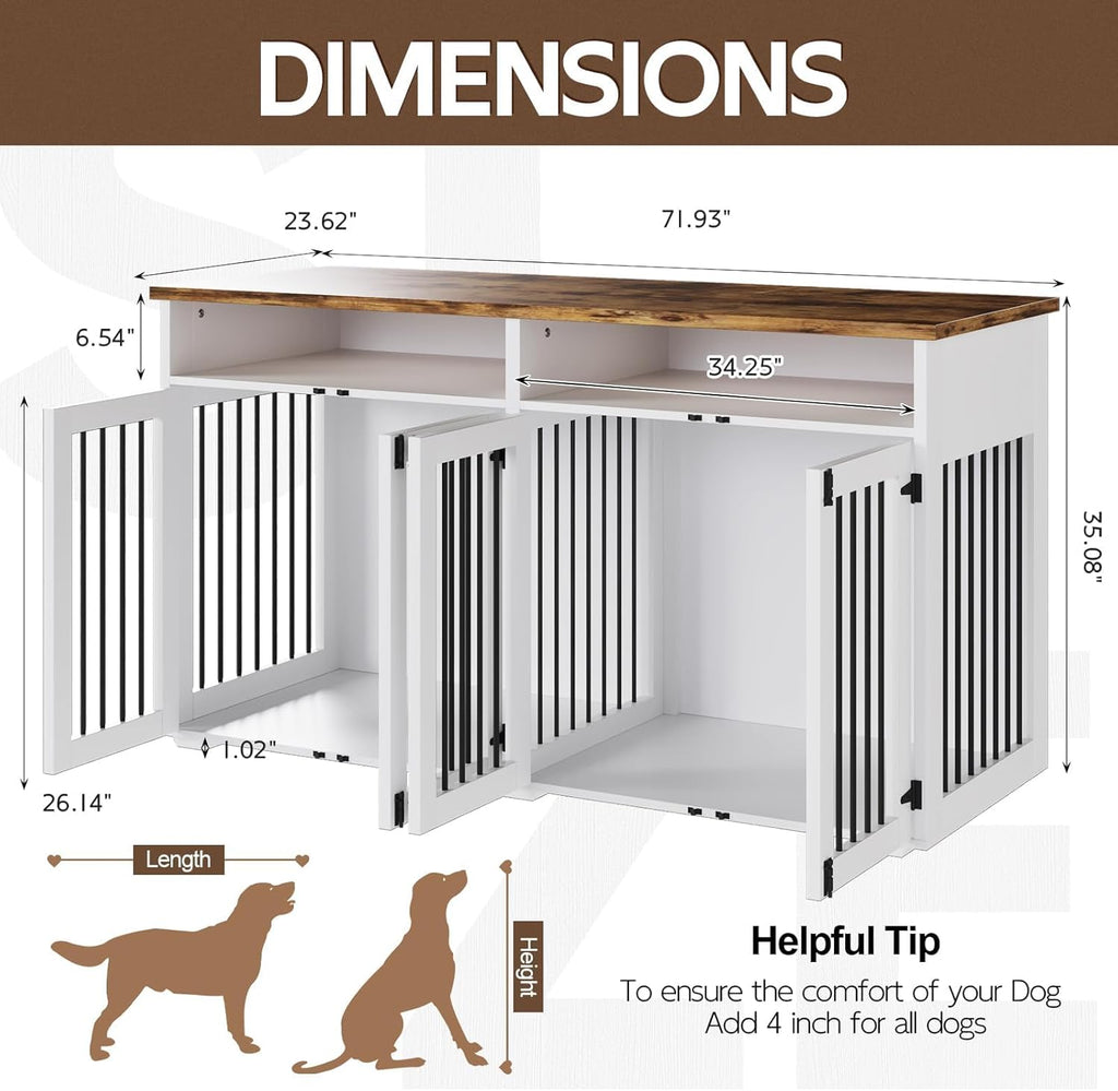 72'' Dog Crate Furniture for 2 Dogs, Wooden Dog Cage with Storage Compartment, Indoor Dog Kennel with 4 Doors for Medium Dogs, White