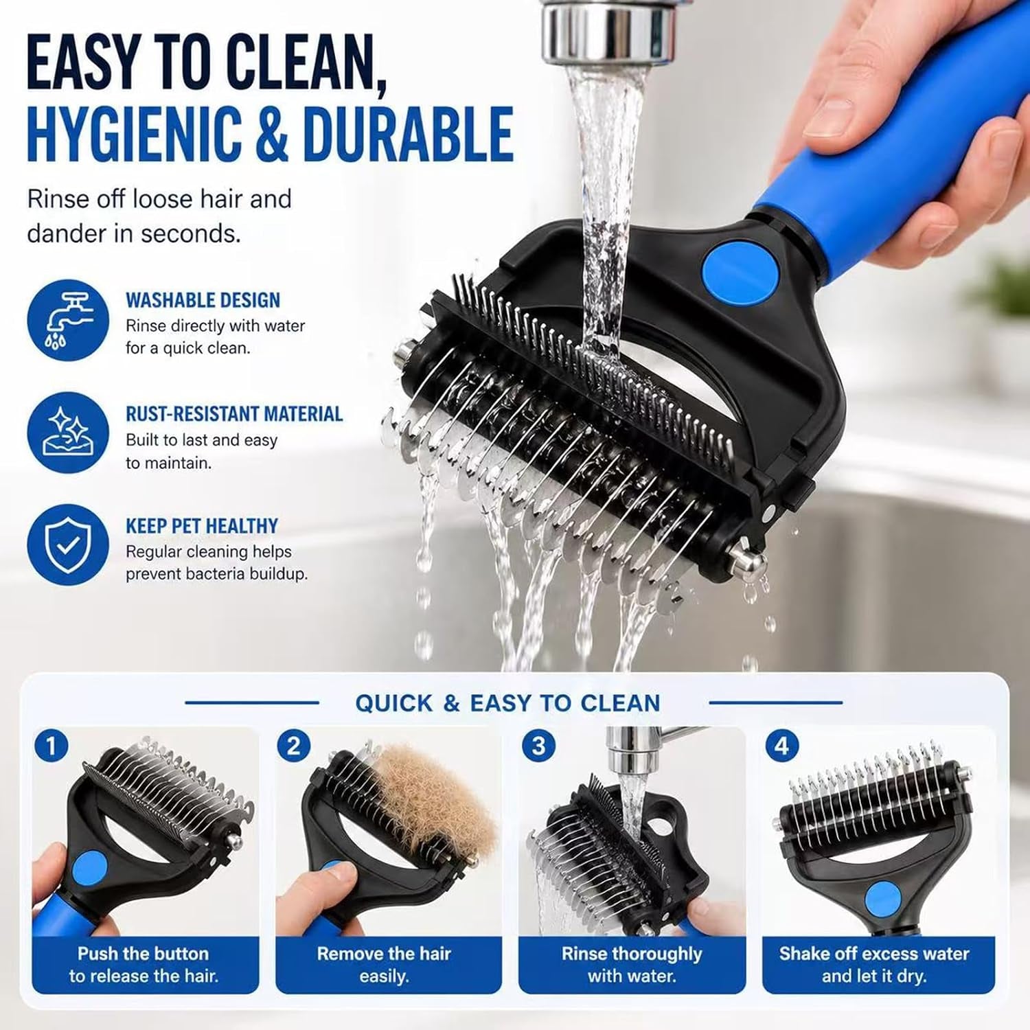 Deshedding Dog Brush，3-In-1 Undercoat Rake for Dogs (Blue) | Pet Pro Grooming Tool – Ultimate Dematting Comb & Deshedding Brush for Cats and Dogs, Perfect for Shedding & Detangling