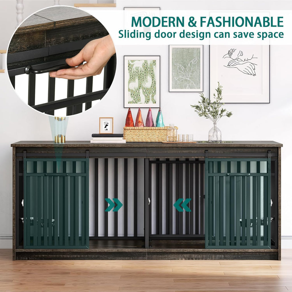 71" Double Dog Crate Furniture for 2 Dogs with 4 Bowls | Heavy Duty Wooden Crate TV Stand, Dog Kennel Indoor Furniture Sliding Barn Door Design for Extra Large Dogs, Black Oak