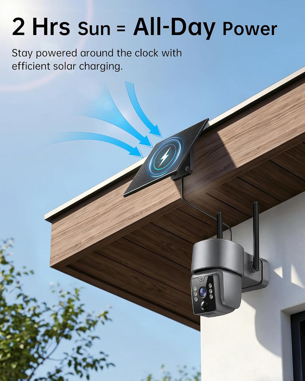Solar Security Camera, Outdoor Security Camera Wireless, 2K Color Night Vision, 360° PTZ Security Camera Outdoor, PIR Human Detection, Two-Way Voice Calling