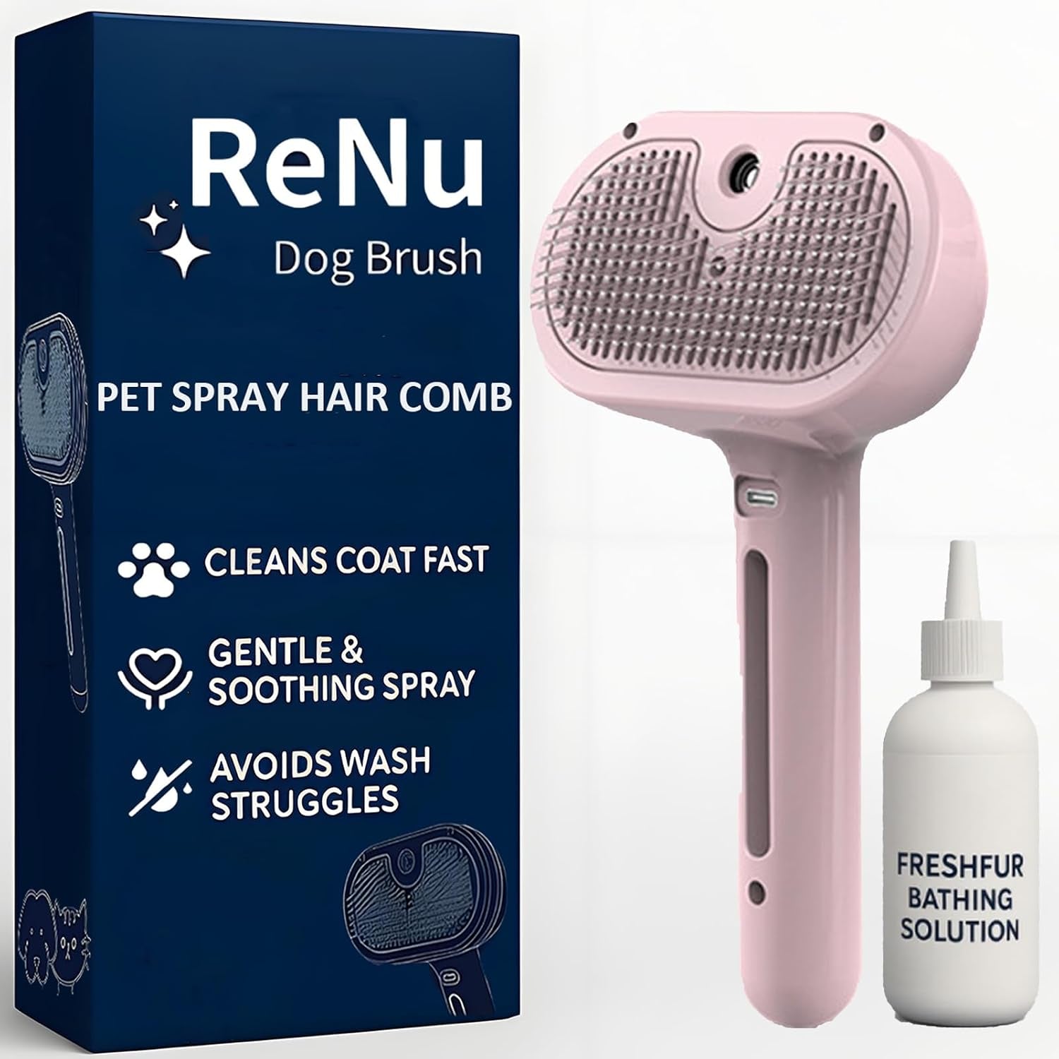 3-In-1 Self-Cleaning Steamy Pet Brush for Dogs & Cats, Fresh Fur Shower Brush That Removes Loose Hair, Reduces Shedding, Grooming Tool for Long & Short Hair, Wet or Dry Use (Pink)