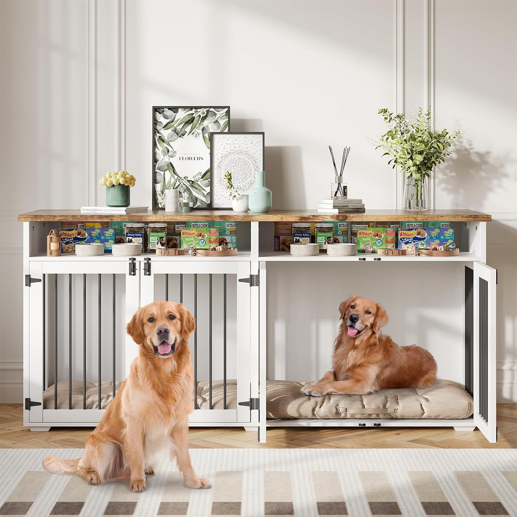 72'' Dog Crate Furniture for 2 Dogs, Wooden Dog Cage with Storage Compartment, Indoor Dog Kennel with 4 Doors for Medium Dogs, White