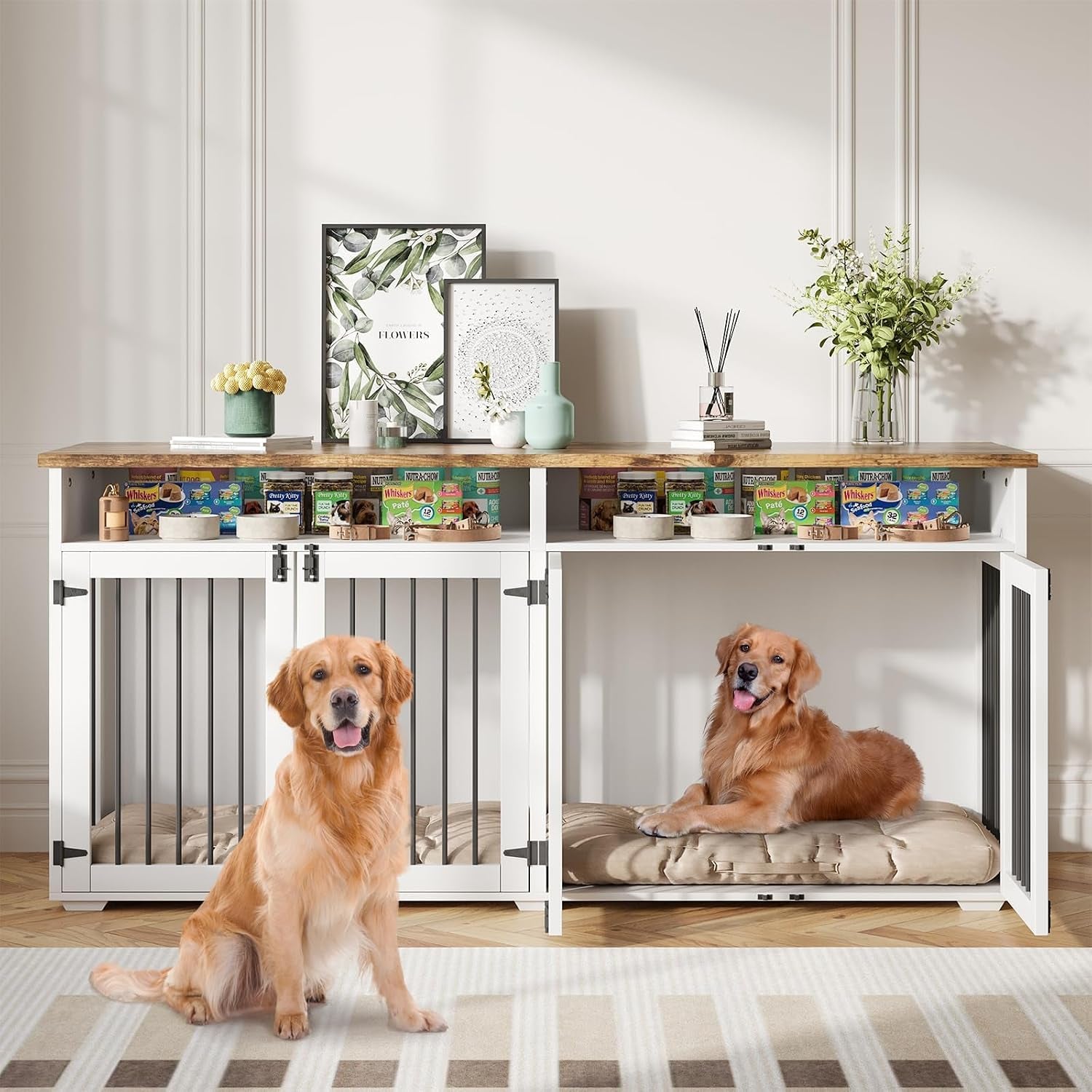 72'' Dog Crate Furniture for 2 Dogs, Wooden Dog Cage with Storage Compartment, Indoor Dog Kennel with 4 Doors for Medium Dogs, White
