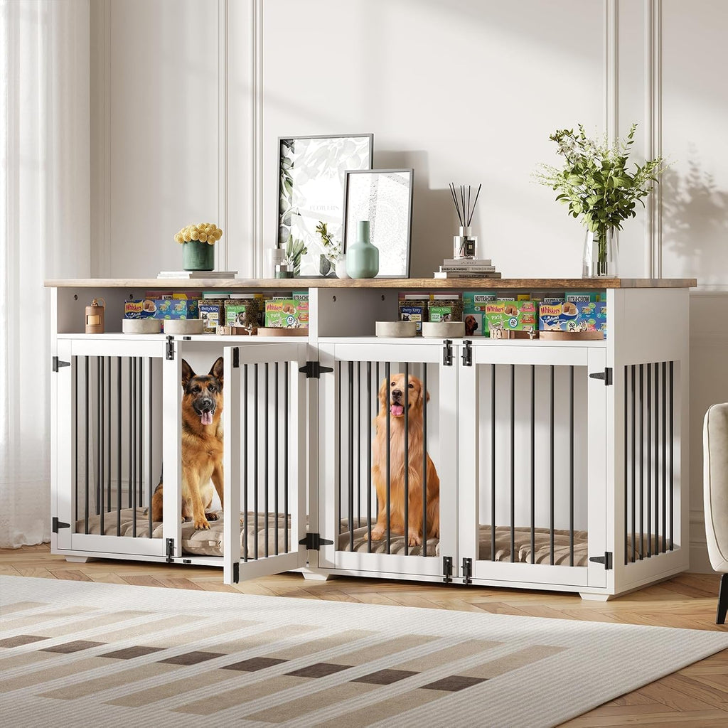 72'' Dog Crate Furniture for 2 Dogs, Wooden Dog Cage with Storage Compartment, Indoor Dog Kennel with 4 Doors for Medium Dogs, White