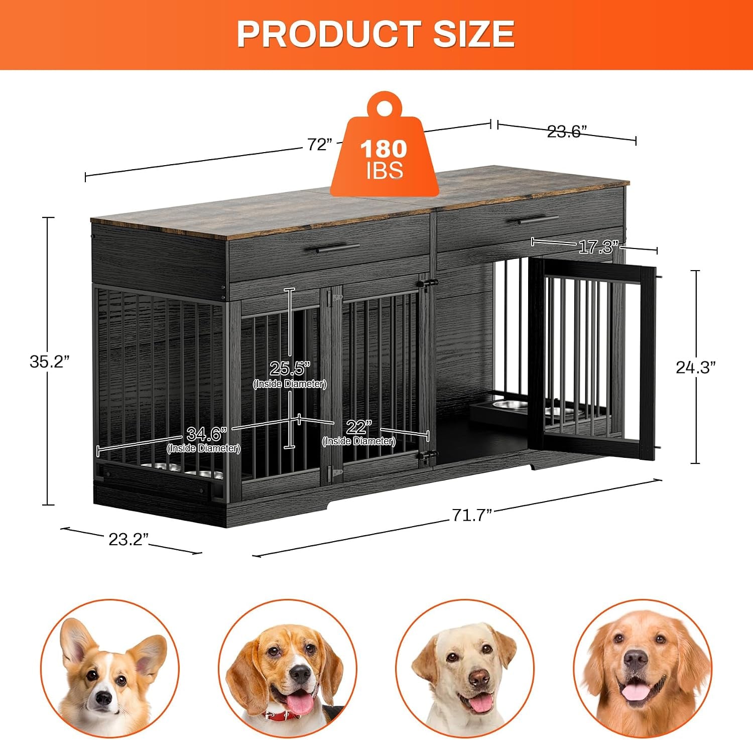 72" Double Dog Crate Furniture with Drawers and Divider, Black | Wooden Dog Kennel for 2 Medium Dogs with 2 Drawers, Removable Divider, 4 Bowls and TV Stand Top