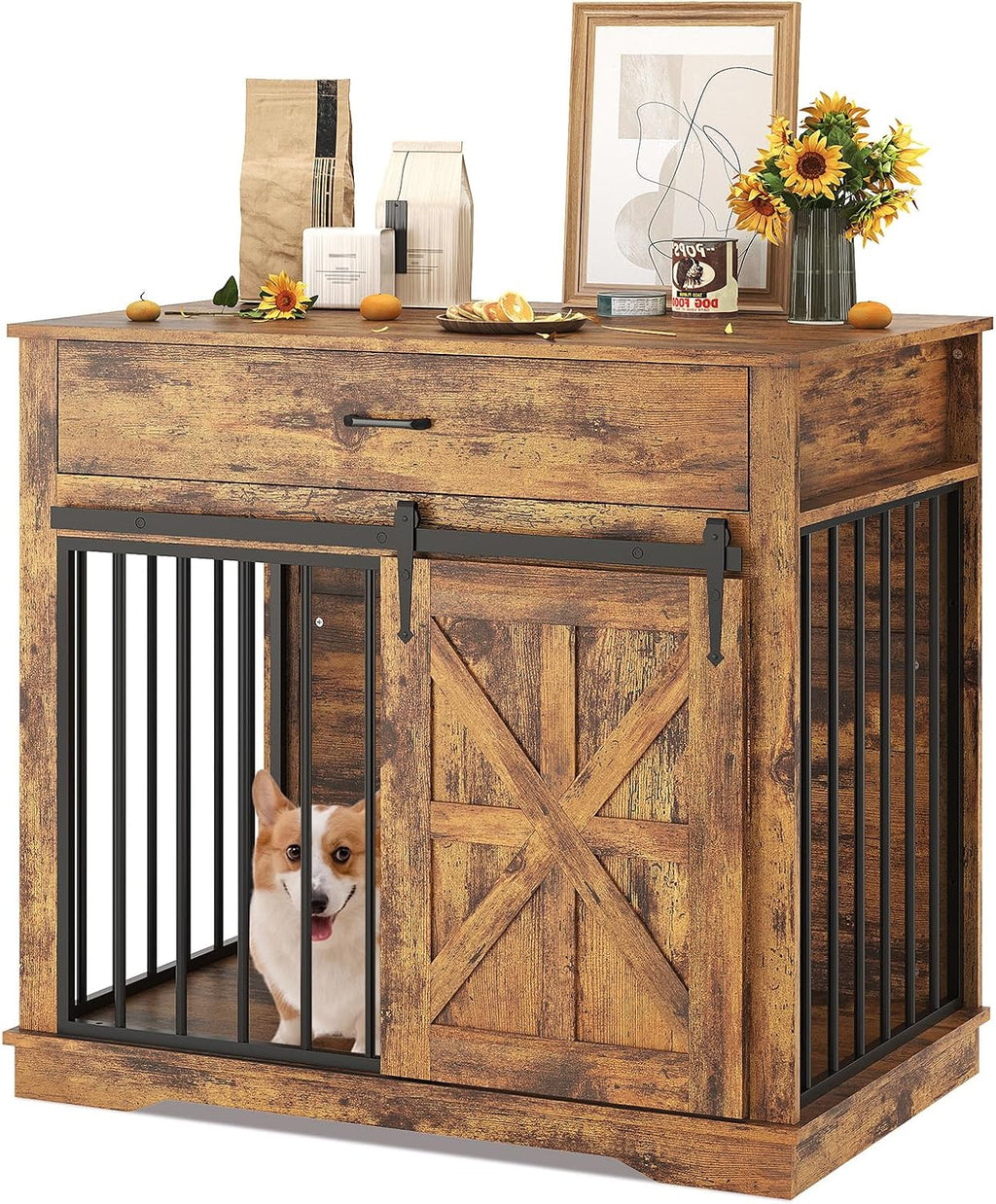 Dog Crate Furniture, 37.8" Large Dog Kennel Indoor, Wooden Kennel Table with Sliding Barn Door and Storage Drawer, Indoor Dog House for Large/Medium/Small Dogs (Brown)