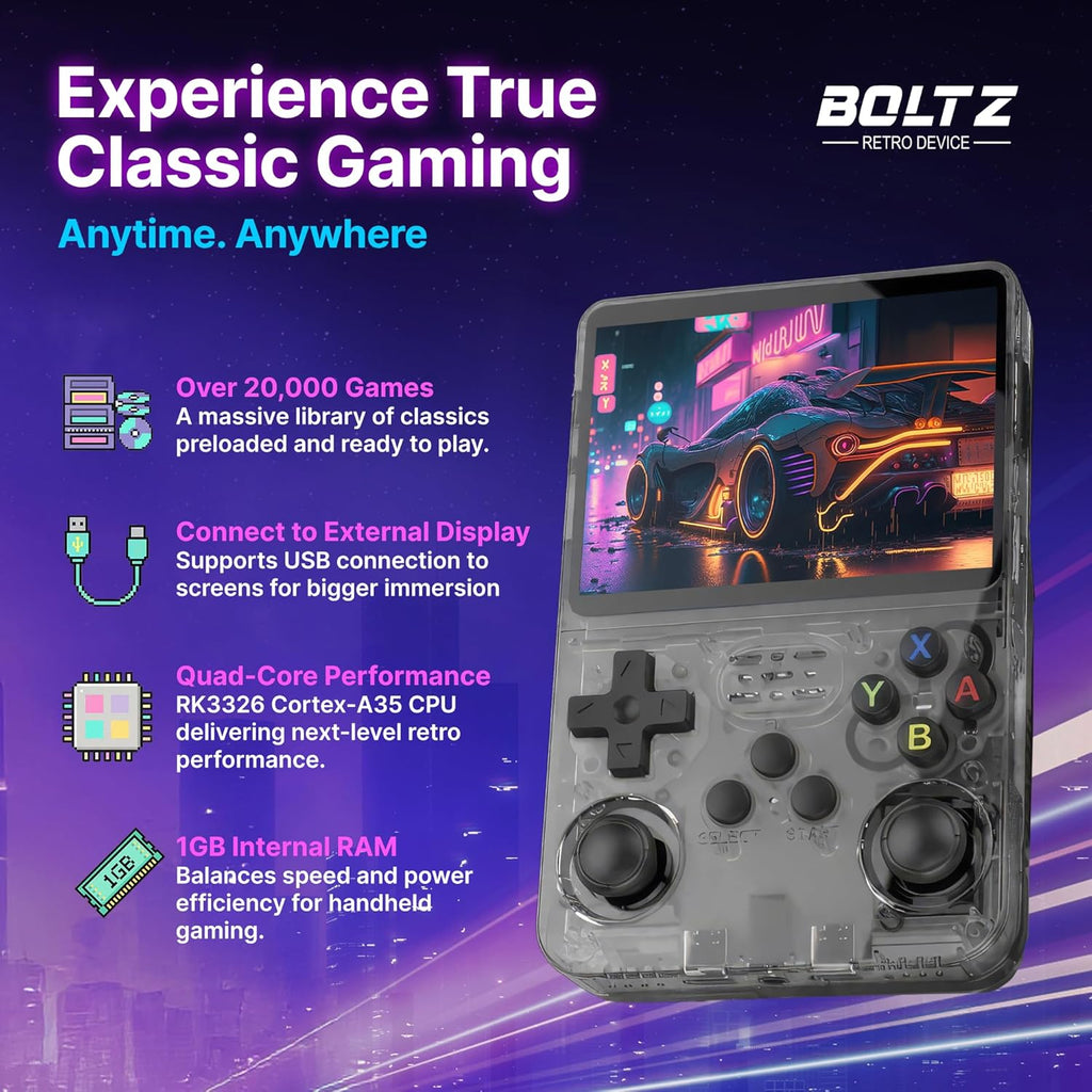 Boltz Retro Handheld Game Console with 20,503 Built-In Games, 3.75" IPS | Portable Retro Gaming Console RK3326 Quad-Core Emulator System, Dual Joystick Handheld Gaming Device, 3500Mah Battery