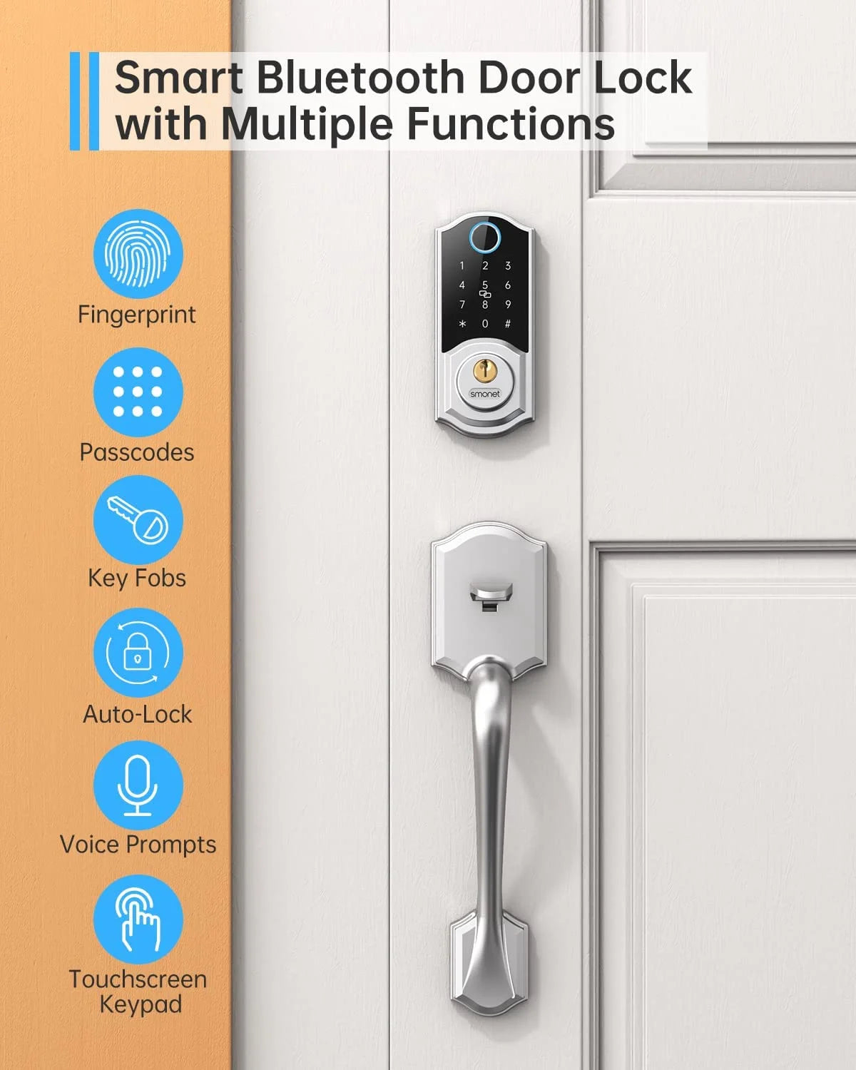 Smart Front Door Lock Set Keyless Entry Door Lock with Handle, Smart Front Door Handle Set, Fingerprint Smart Deadbolt Bluetooth Electronic Digital Keypad Lock, Auto Lock, Alexa Lock Silver