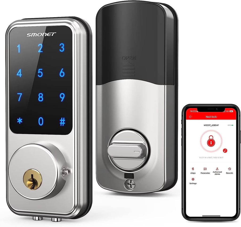 Smart Lock Front Door,  Keyless Entry Door Lock with Handle, Smart Front Door Lock Set Smart Deadbolt Bluetooth Electronic Digital Keypad Lock, Auto Lock Work with Alexa Silver