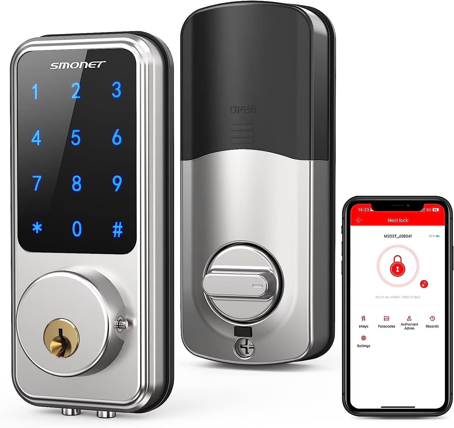 Smart Lock Front Door,  Keyless Entry Door Lock with Handle, Smart Front Door Lock Set Smart Deadbolt Bluetooth Electronic Digital Keypad Lock, Auto Lock Work with Alexa Silver