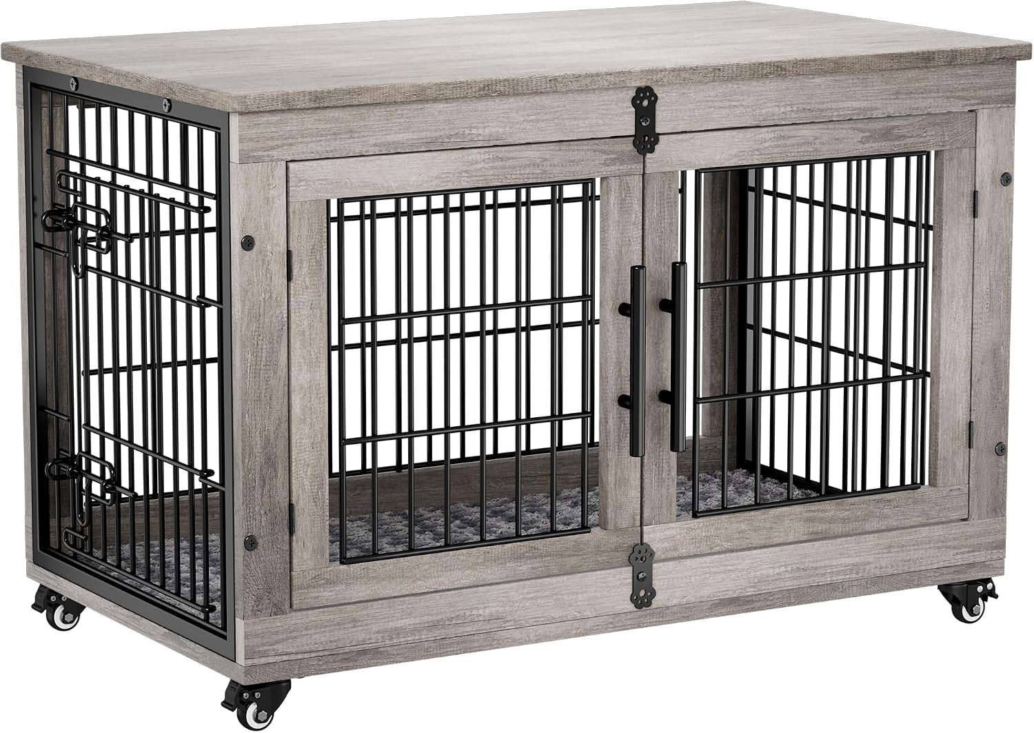 Large Dog Crate Furniture, 38'' Heavy Duty Wood Kennel W/Cushion & Wheels | Grey, Double Doors, Wooden Dog Cage, Chew-Resistant, End Table, Decorative, 27"/32"/38"/44" Options, Indoor