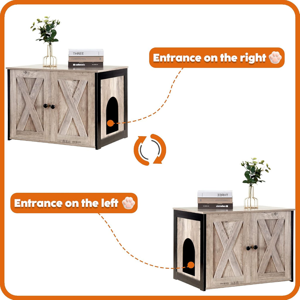 Litter Box Enclosure, Cat Litter Box Furniture Hidden, Reversible Entrance Can Be on Left or Right Side, Wooden Cat Washroom Indoor, Greige, 27.6 Inches