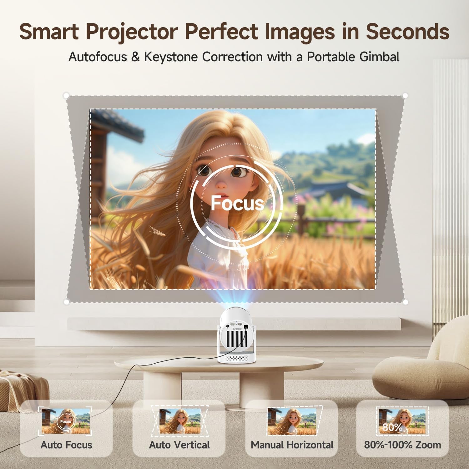 Mini Projector with Wifi 6 and Bluetooth 5.4, Smart Portable Projector 4K Support, Android 14 & 400 ANSI, Auto Focus & Keystone, 1080P Small Proyector  Hy320Pro for Bedroom, Movie, Outdoor