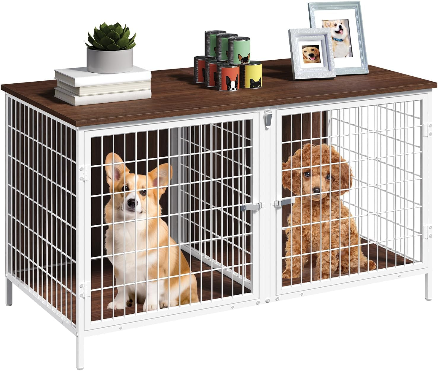 Dog Crate Furniture for 2 Dogs, 43.3" Dog Kennel with Removable Divider, Heavy Sturdy Dog Furniture Style Double Cage for Small Medium Dogs, Indoor Pet House End Table, White and Walnut