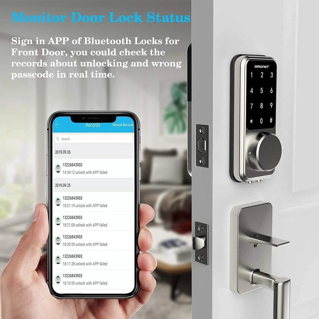 Smart Lock Front Door,  Keyless Entry Door Lock with Handle, Smart Front Door Lock Set Smart Deadbolt Bluetooth Electronic Digital Keypad Lock, Auto Lock Work with Alexa Silver