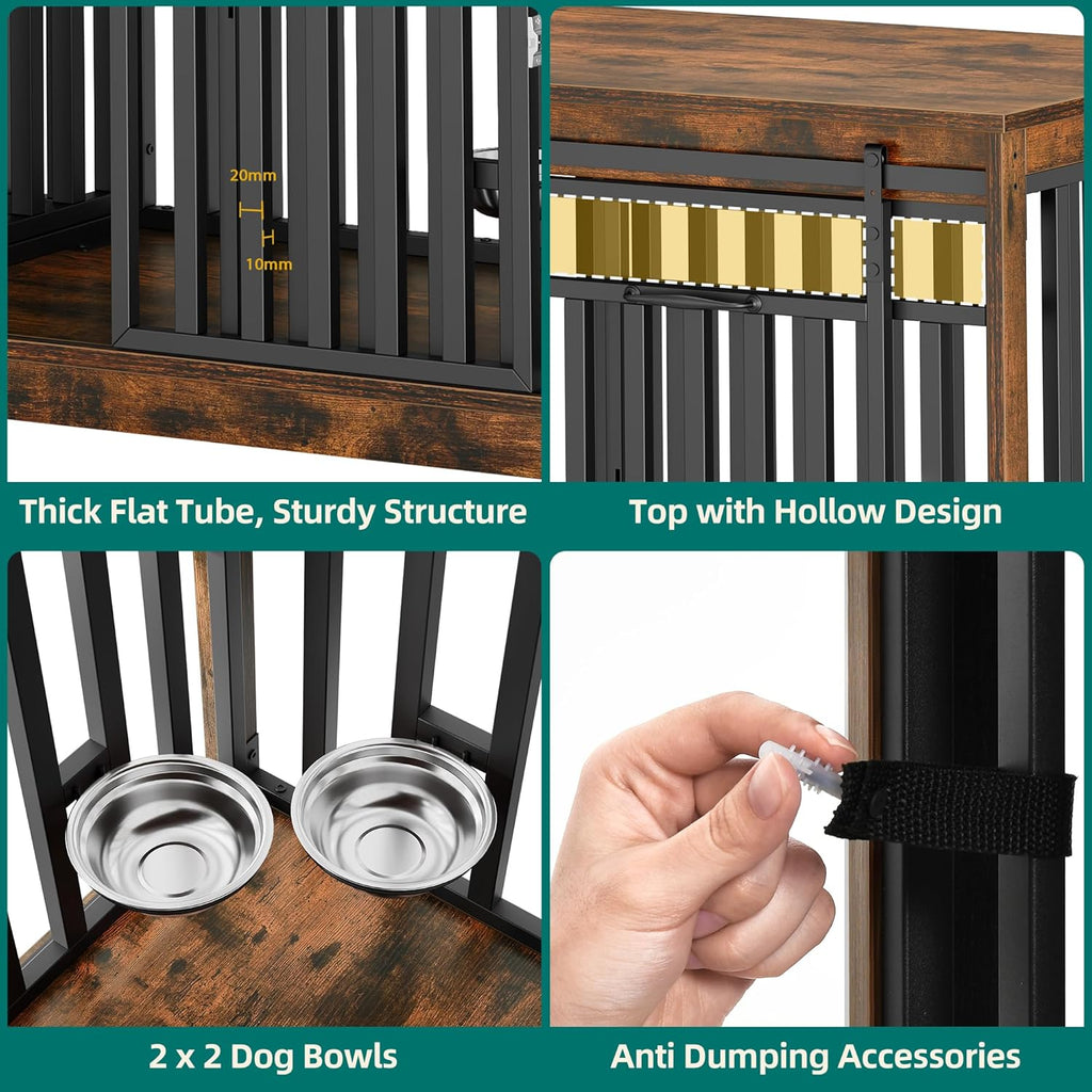 71" Double Dog Crate Furniture with 4 Dog Bowls | Heavy Duty Wooden Dog Crate TV Stand, Dog Kennel Indoor Furniture Sliding Barn Door Design for Extra Large Dogs, Rustic Brown