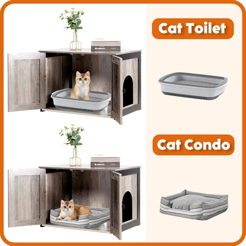 Litter Box Enclosure, Cat Litter Box Furniture Hidden, Reversible Entrance Can Be on Left or Right Side, Wooden Cat Washroom Indoor, Greige, 27.6 Inches