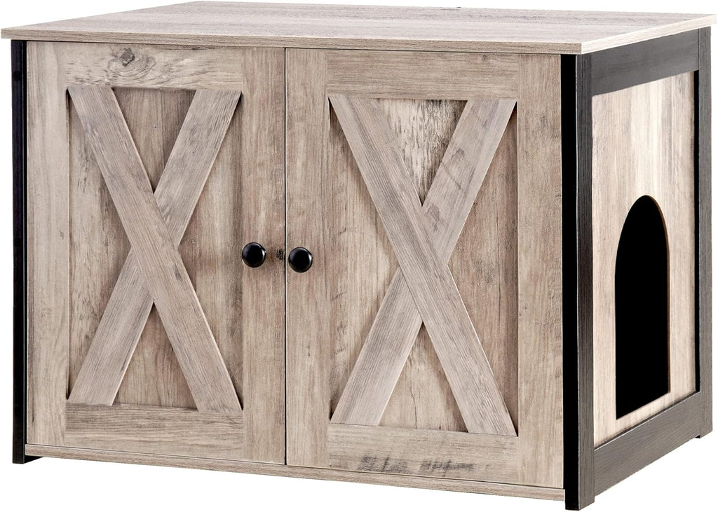 Litter Box Enclosure, Cat Litter Box Furniture Hidden, Reversible Entrance Can Be on Left or Right Side, Wooden Cat Washroom Indoor, Greige, 27.6 Inches