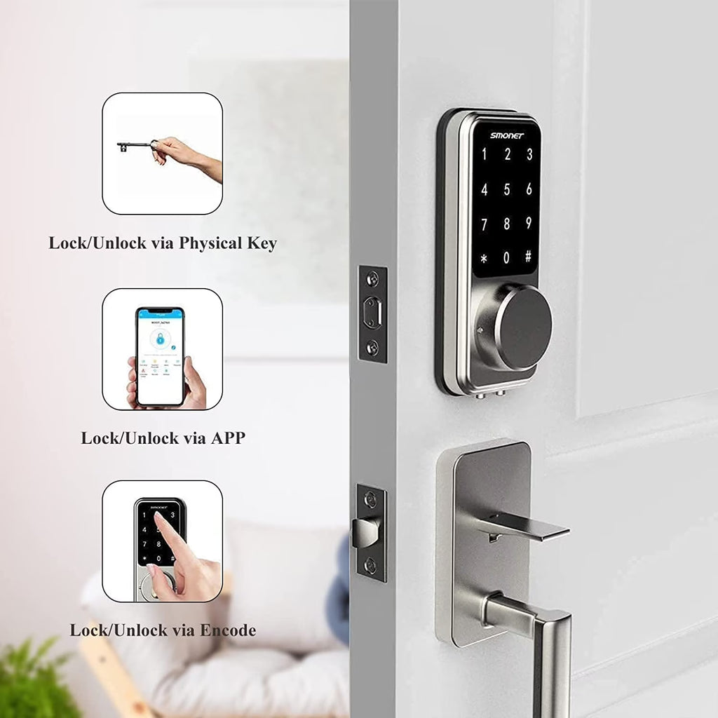 Smart Lock Front Door,  Keyless Entry Door Lock with Handle, Smart Front Door Lock Set Smart Deadbolt Bluetooth Electronic Digital Keypad Lock, Auto Lock Work with Alexa Silver