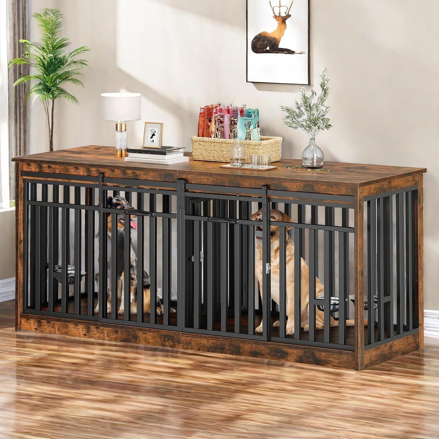71" Double Dog Crate Furniture with 4 Dog Bowls | Heavy Duty Wooden Dog Crate TV Stand, Dog Kennel Indoor Furniture Sliding Barn Door Design for Extra Large Dogs, Rustic Brown