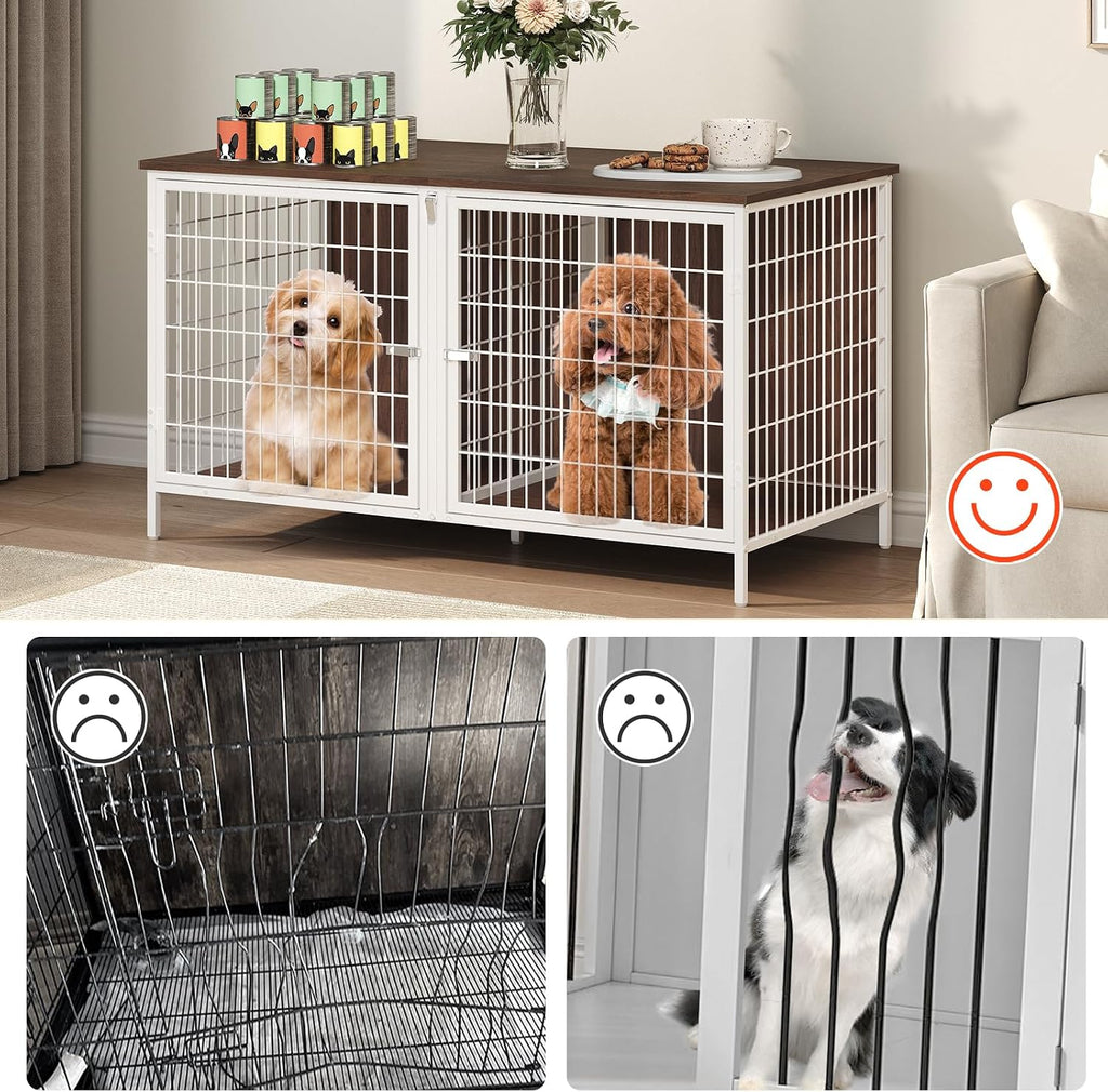 Dog Crate Furniture for 2 Dogs, 43.3" Dog Kennel with Removable Divider, Heavy Sturdy Dog Furniture Style Double Cage for Small Medium Dogs, Indoor Pet House End Table, White and Walnut