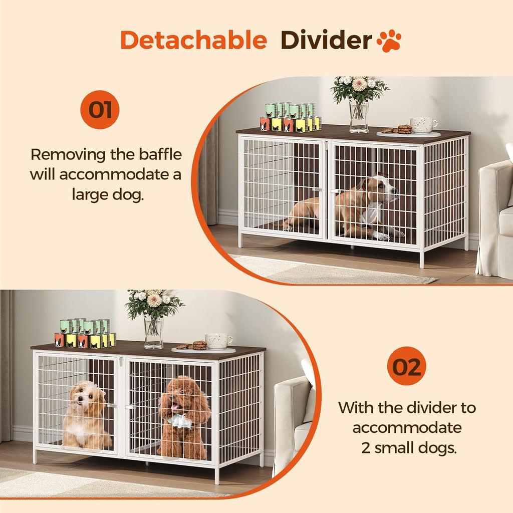 Dog Crate Furniture for 2 Dogs, 43.3" Dog Kennel with Removable Divider, Heavy Sturdy Dog Furniture Style Double Cage for Small Medium Dogs, Indoor Pet House End Table, White and Walnut