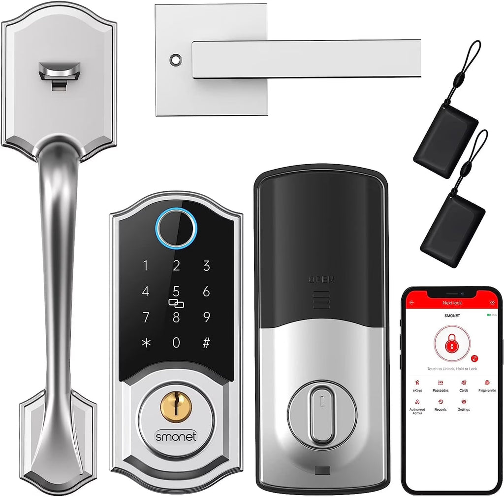 Smart Front Door Lock Set Keyless Entry Door Lock with Handle, Smart Front Door Handle Set, Fingerprint Smart Deadbolt Bluetooth Electronic Digital Keypad Lock, Auto Lock, Alexa Lock Silver