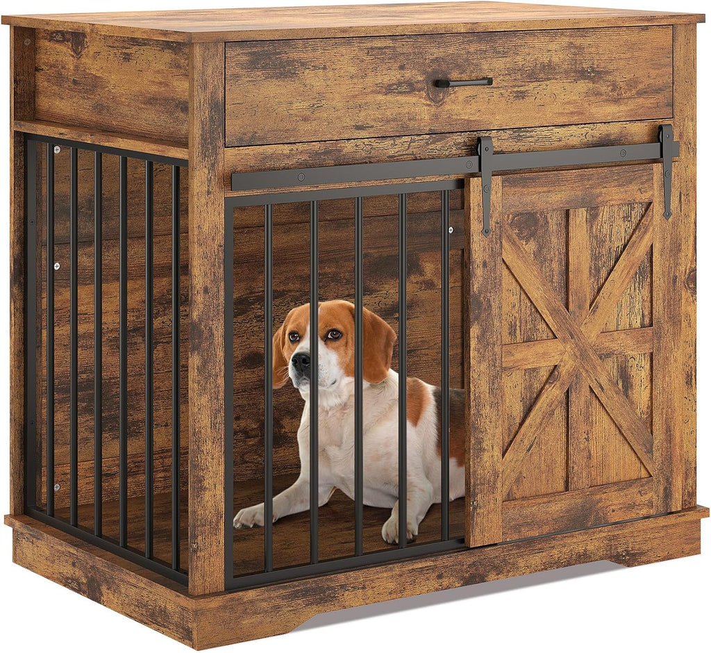 Dog Crate Furniture, 37.8" Large Dog Kennel Indoor, Wooden Kennel Table with Sliding Barn Door and Storage Drawer, Indoor Dog House for Large/Medium/Small Dogs (Brown)
