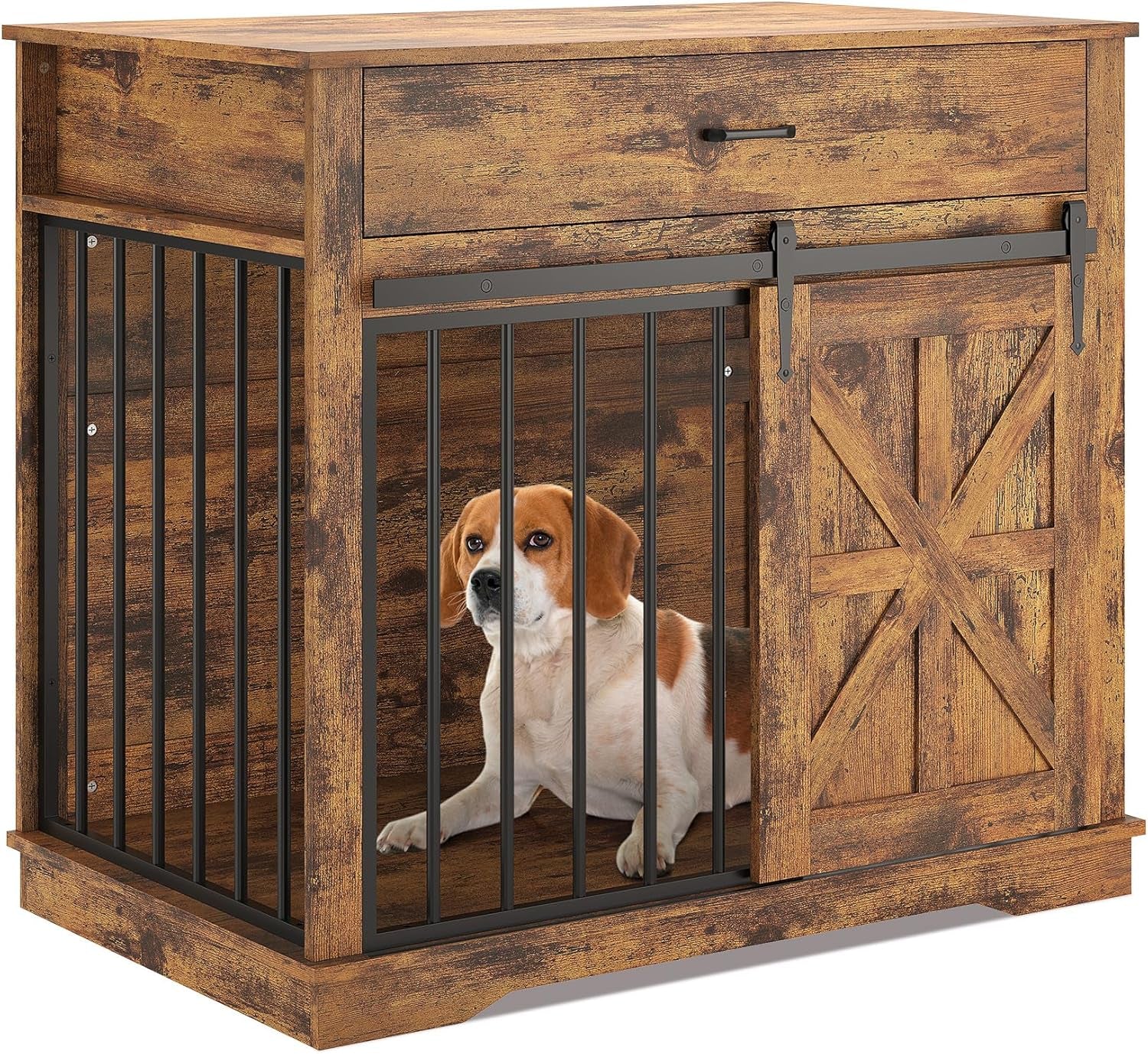 Dog Crate Furniture, 37.8" Large Dog Kennel Indoor, Wooden Kennel Table with Sliding Barn Door and Storage Drawer, Indoor Dog House for Large/Medium/Small Dogs (Brown)