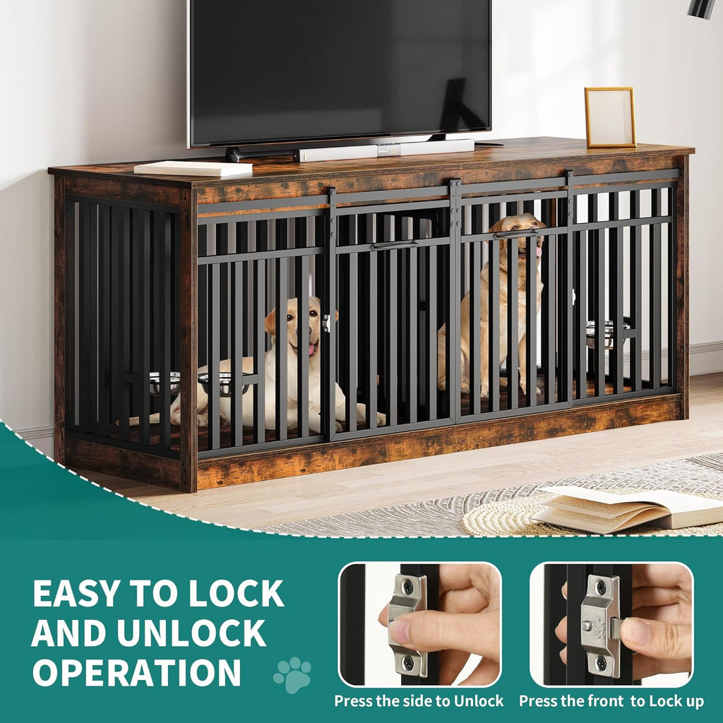 71" Double Dog Crate Furniture with 4 Dog Bowls | Heavy Duty Wooden Dog Crate TV Stand, Dog Kennel Indoor Furniture Sliding Barn Door Design for Extra Large Dogs, Rustic Brown