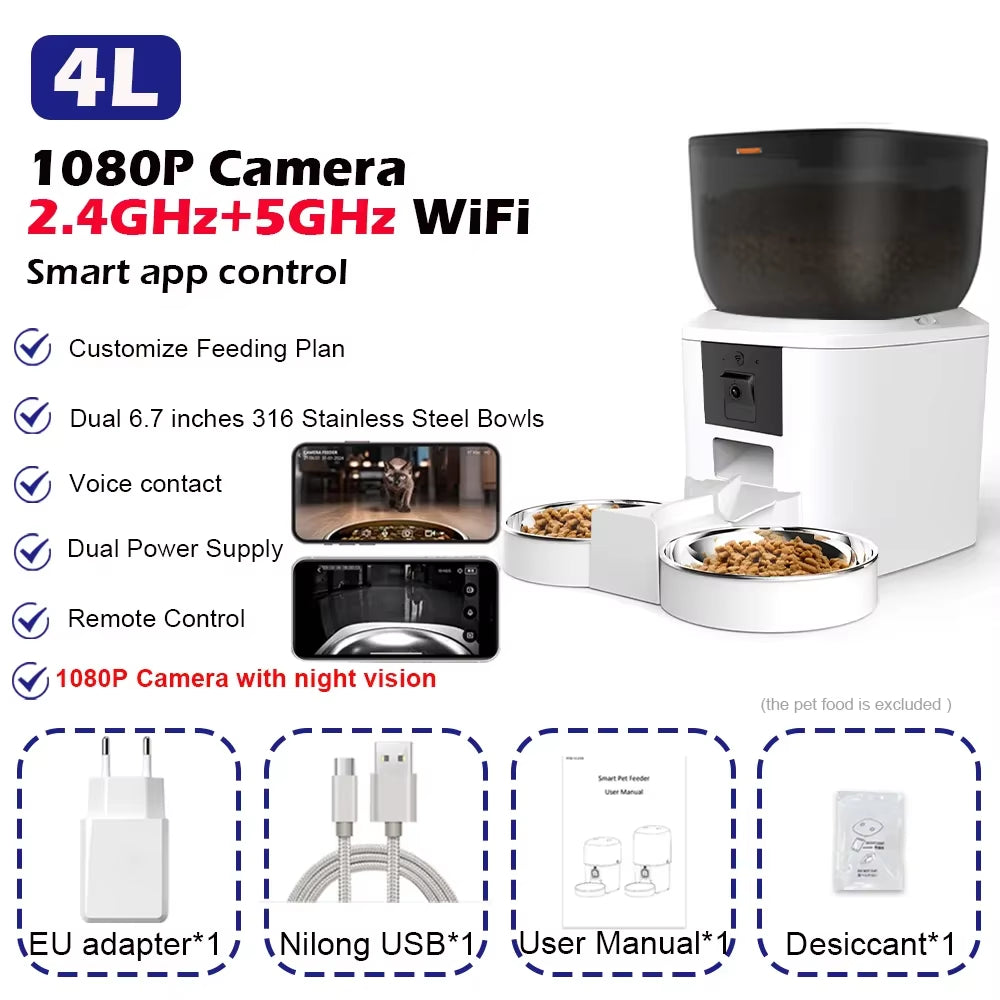 Automatic Dog Feeders with Camera 1080P HD 5G Wifi Pet Feeder Tuya APP Control Automatic Cat Dog Food Dispenser