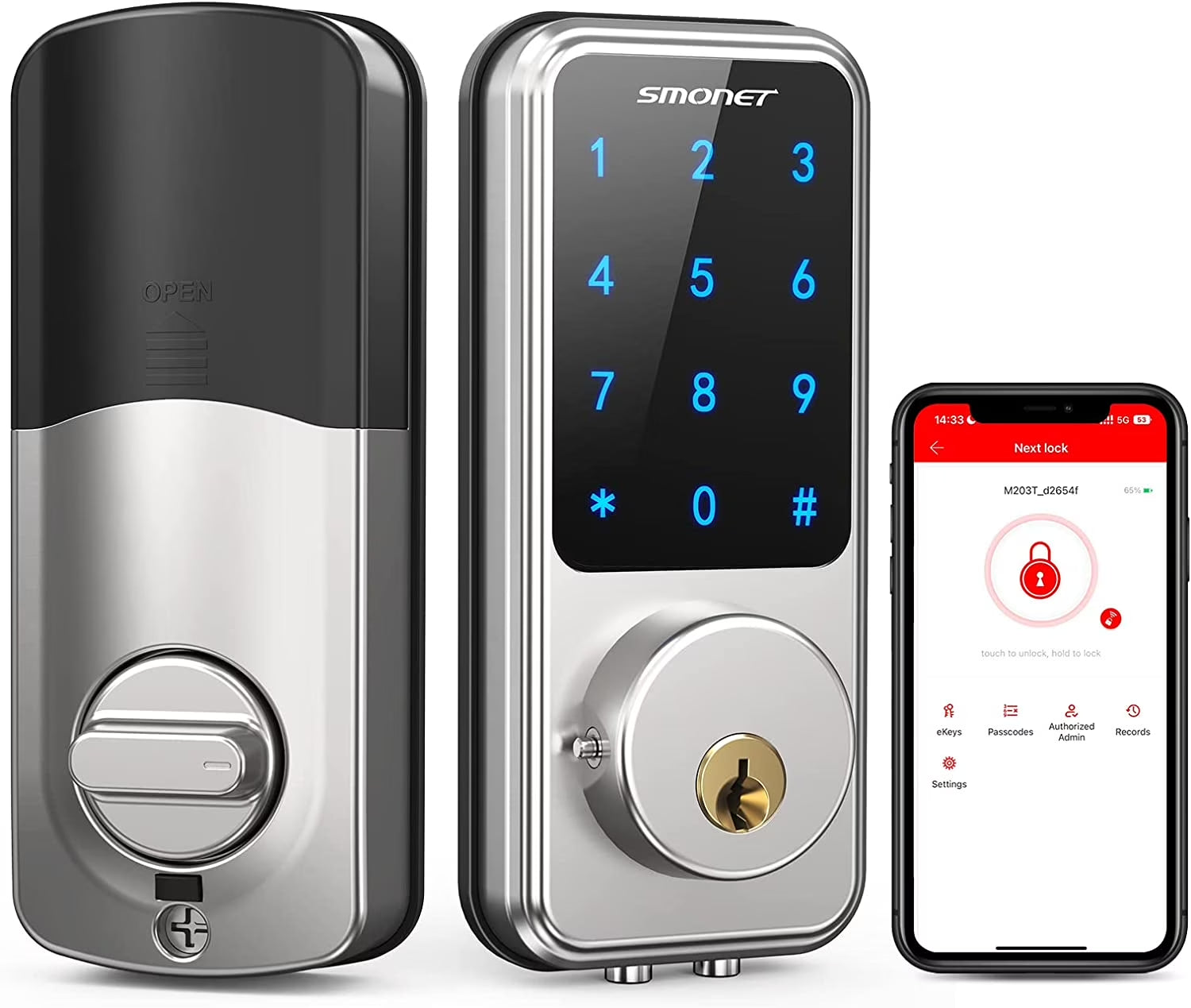 Smart Lock Front Door,  Keyless Entry Door Lock with Handle, Smart Front Door Lock Set Smart Deadbolt Bluetooth Electronic Digital Keypad Lock, Auto Lock Work with Alexa Silver