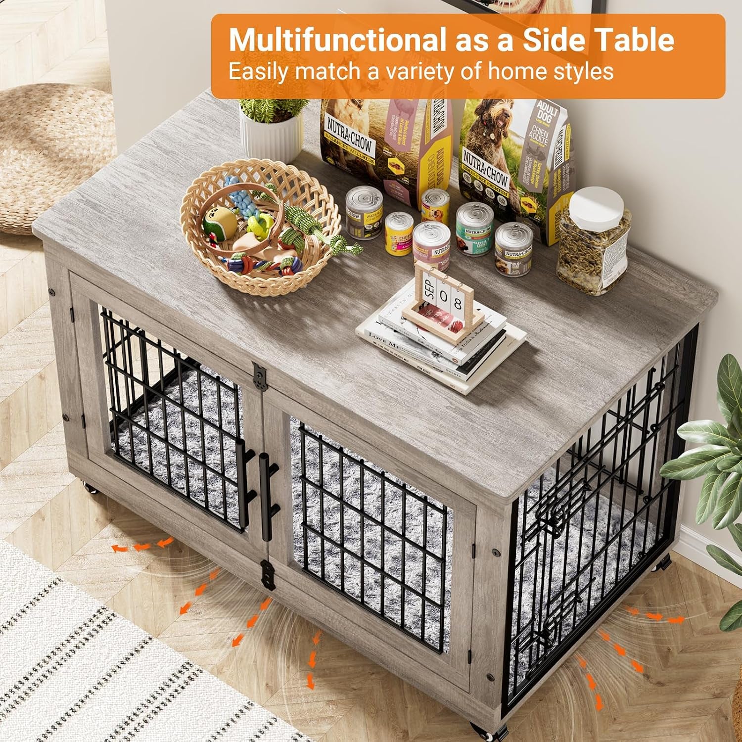 Large Dog Crate Furniture, 38'' Heavy Duty Wood Kennel W/Cushion & Wheels | Grey, Double Doors, Wooden Dog Cage, Chew-Resistant, End Table, Decorative, 27"/32"/38"/44" Options, Indoor