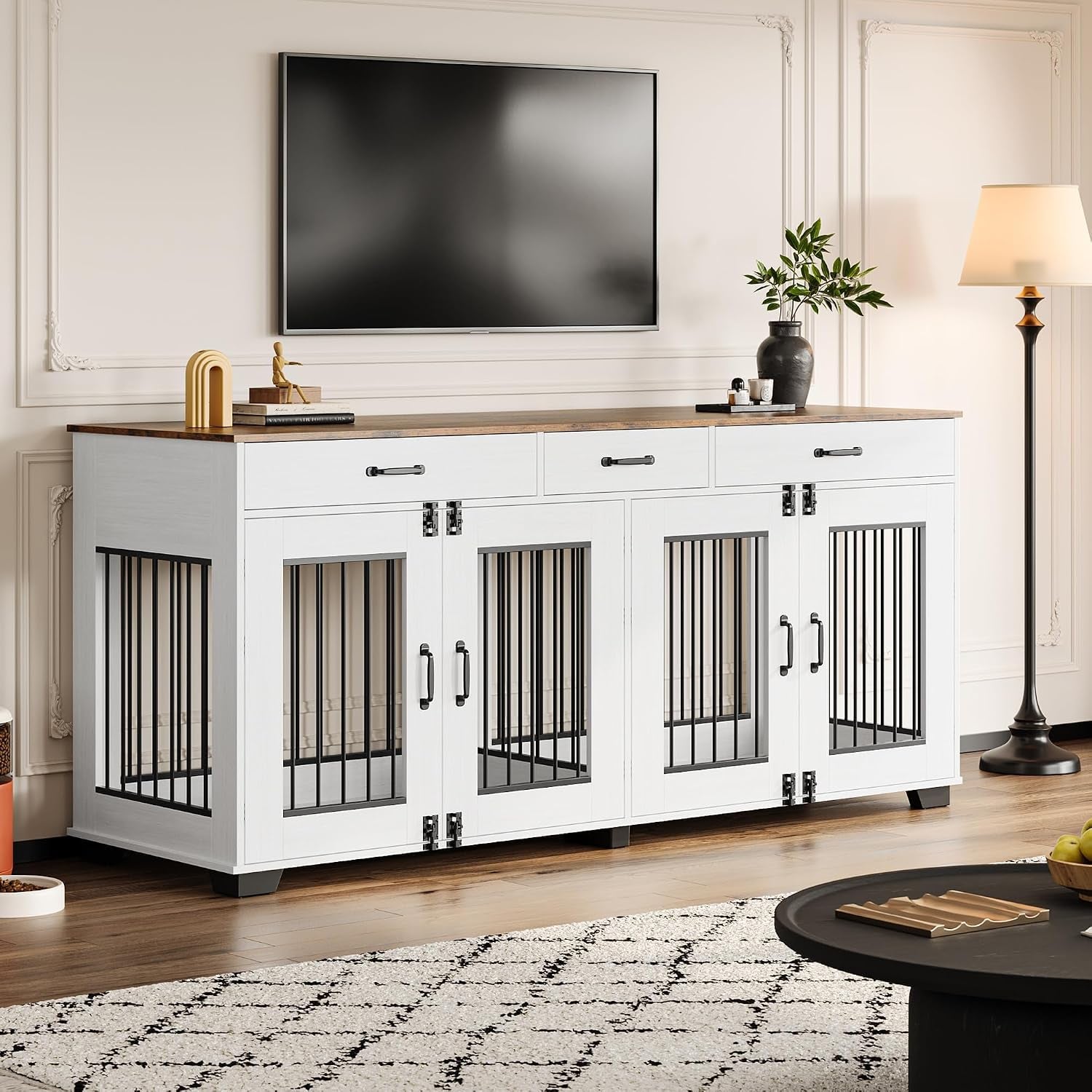 71'' Large Dog Crate for 2 Dogs, Dog Crate with 3 Drawer, White | Dog Kennel Furniture, Heavy Duty Dog Cage and TV Stand, Perfect for Medium Large Dogs