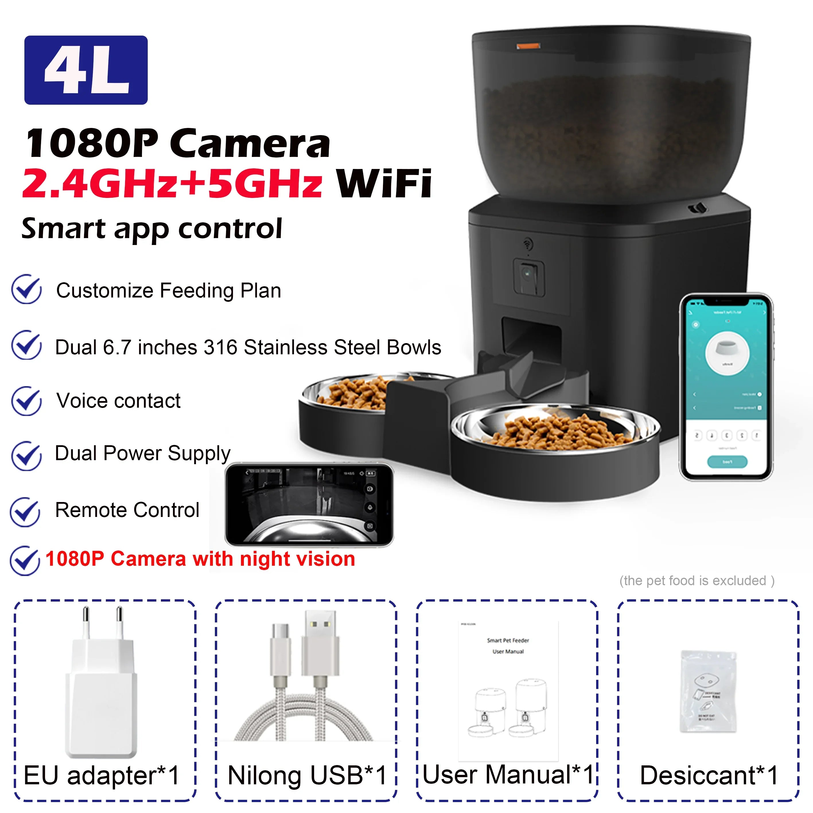 Automatic Dog Feeders with Camera 1080P HD 5G Wifi Pet Feeder Tuya APP Control Automatic Cat Dog Food Dispenser