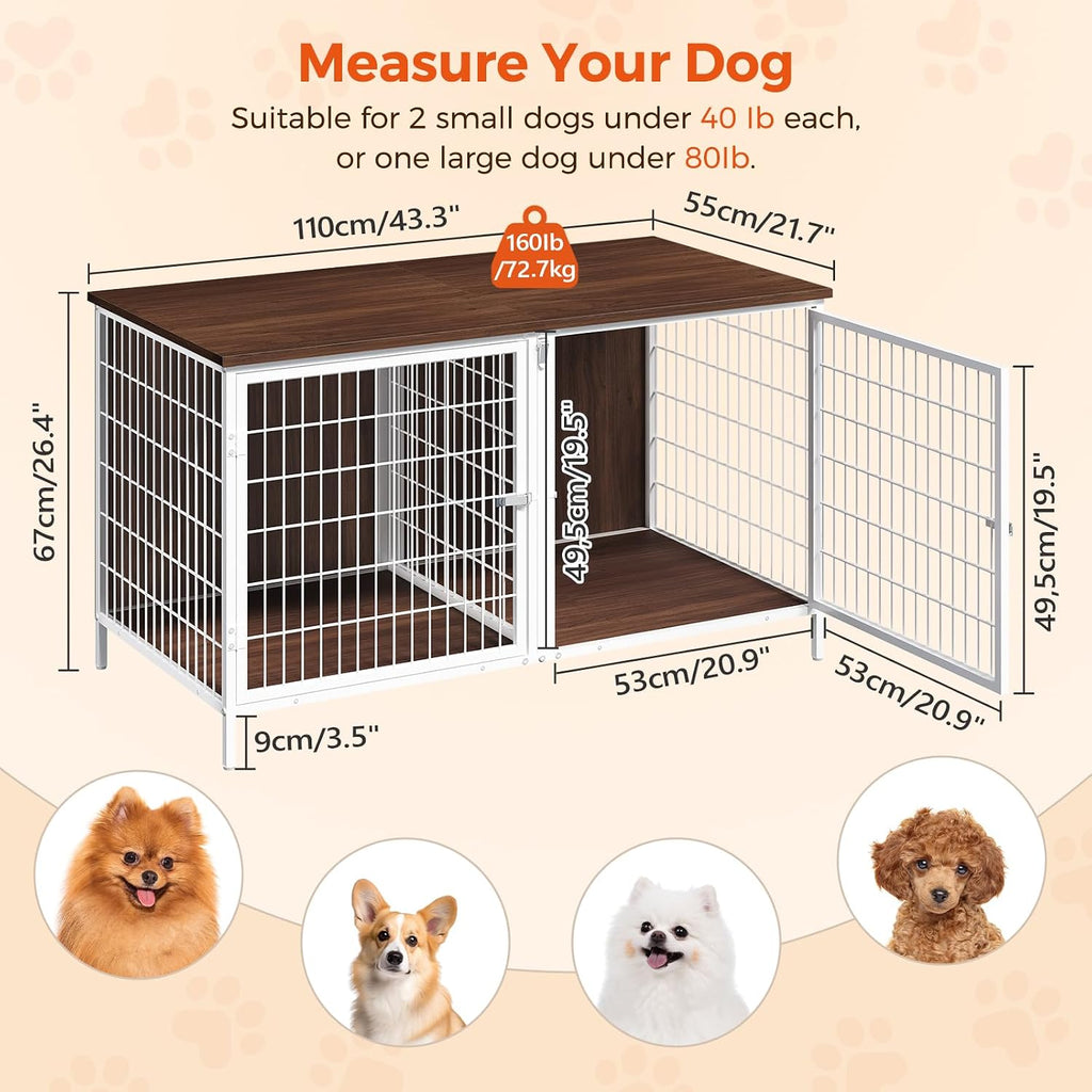 Dog Crate Furniture for 2 Dogs, 43.3" Dog Kennel with Removable Divider, Heavy Sturdy Dog Furniture Style Double Cage for Small Medium Dogs, Indoor Pet House End Table, White and Walnut