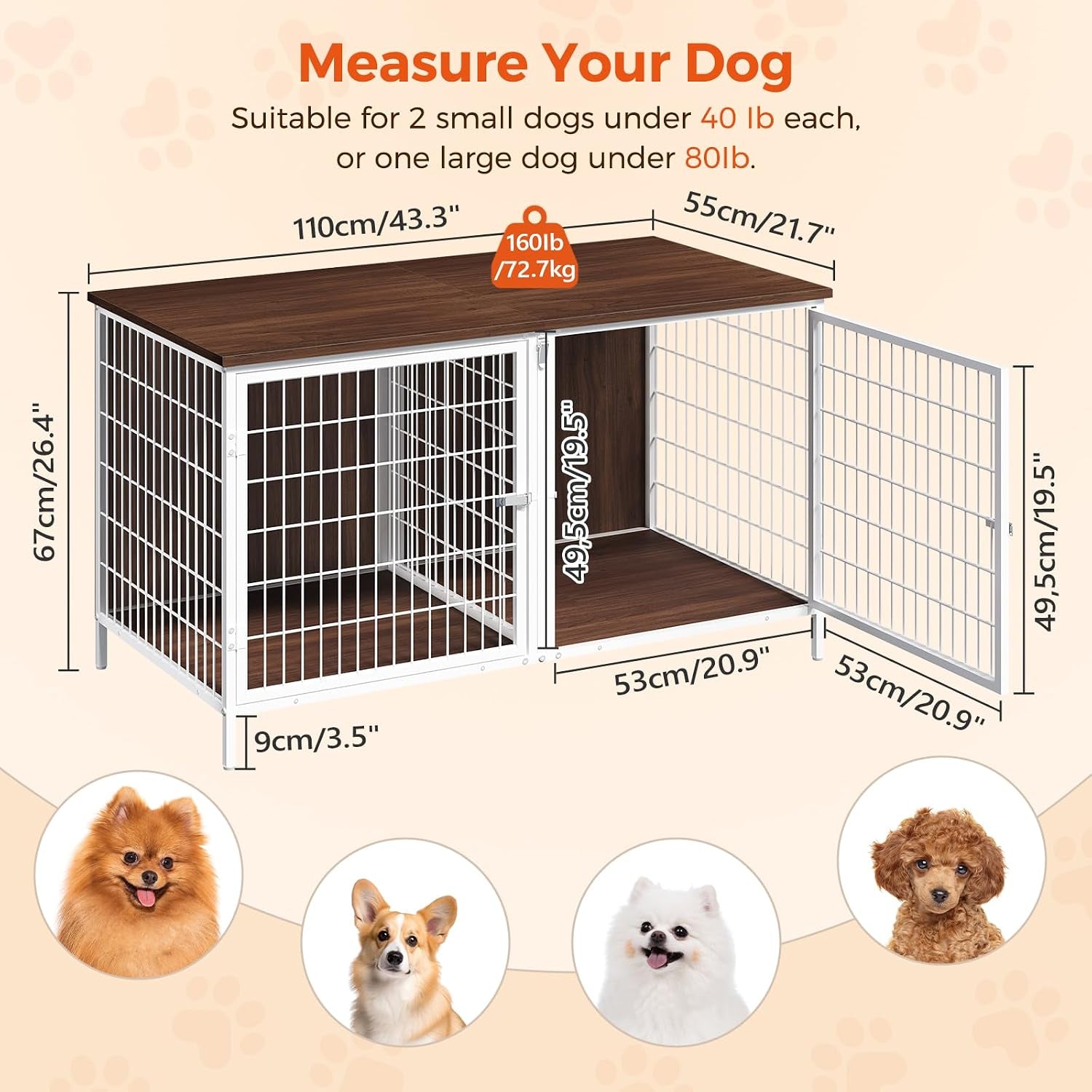 Dog Crate Furniture for 2 Dogs, 43.3" Dog Kennel with Removable Divider, Heavy Sturdy Dog Furniture Style Double Cage for Small Medium Dogs, Indoor Pet House End Table, White and Walnut