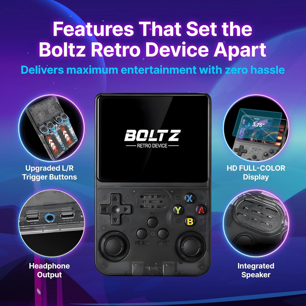 Boltz Retro Handheld Game Console with 20,503 Built-In Games, 3.75" IPS | Portable Retro Gaming Console RK3326 Quad-Core Emulator System, Dual Joystick Handheld Gaming Device, 3500Mah Battery