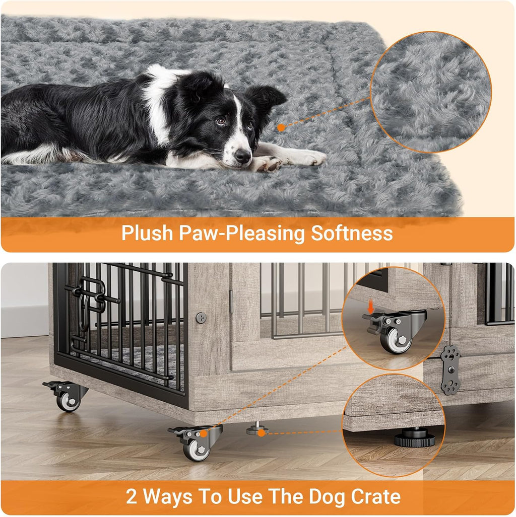 Large Dog Crate Furniture, 38'' Heavy Duty Wood Kennel W/Cushion & Wheels | Grey, Double Doors, Wooden Dog Cage, Chew-Resistant, End Table, Decorative, 27"/32"/38"/44" Options, Indoor