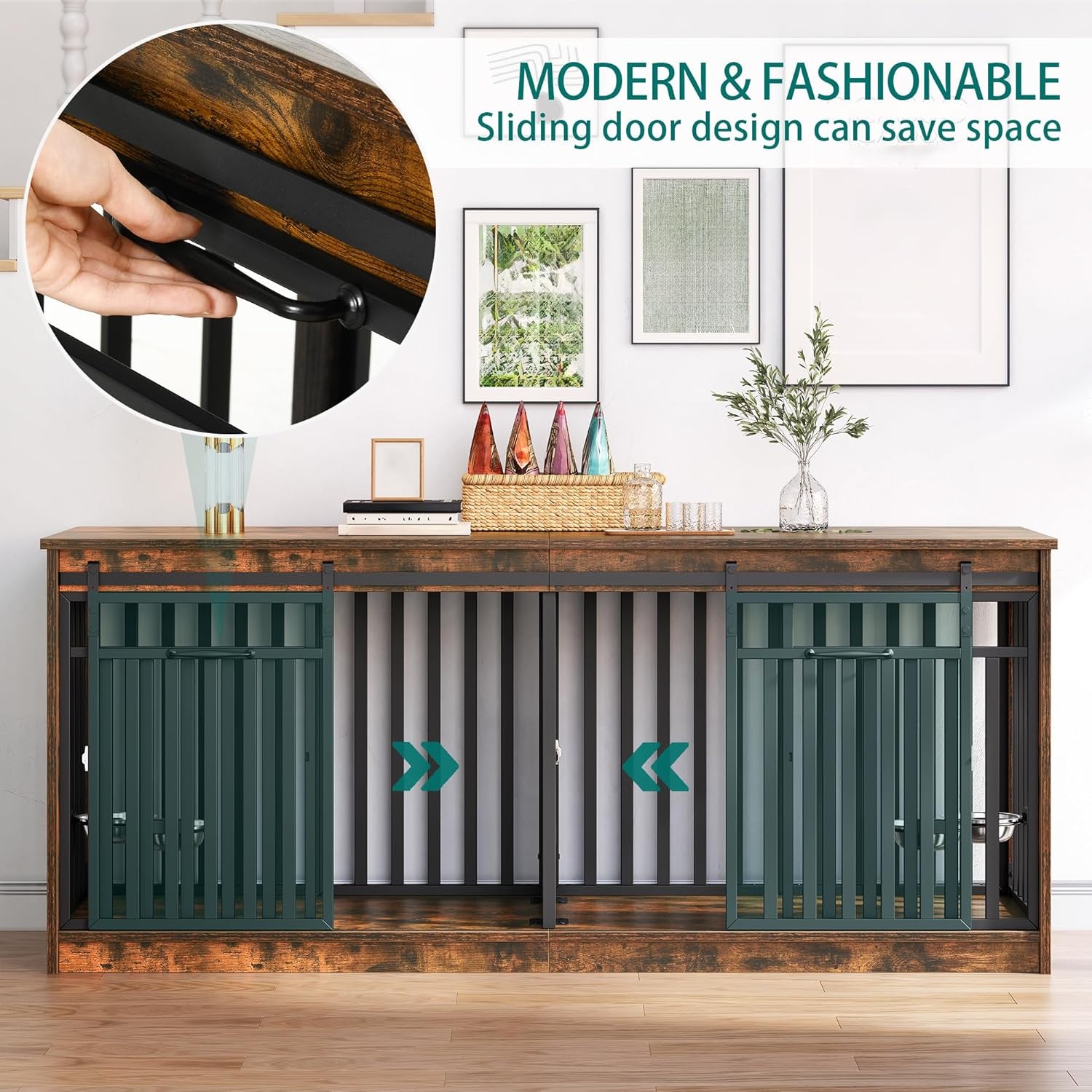 71" Double Dog Crate Furniture with 4 Dog Bowls | Heavy Duty Wooden Dog Crate TV Stand, Dog Kennel Indoor Furniture Sliding Barn Door Design for Extra Large Dogs, Rustic Brown