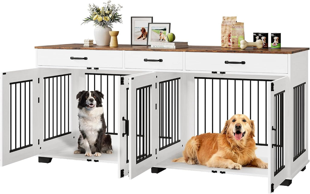 71'' Large Dog Crate for 2 Dogs, Dog Crate with 3 Drawer, White | Dog Kennel Furniture, Heavy Duty Dog Cage and TV Stand, Perfect for Medium Large Dogs