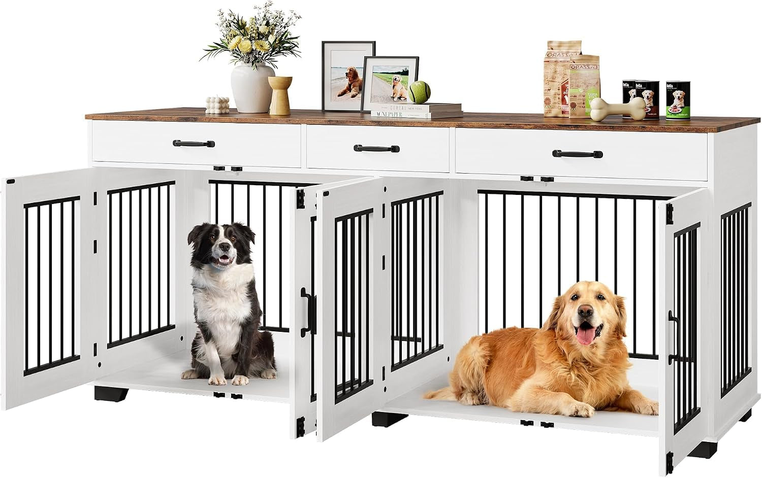 71'' Large Dog Crate for 2 Dogs, Dog Crate with 3 Drawer, White | Dog Kennel Furniture, Heavy Duty Dog Cage and TV Stand, Perfect for Medium Large Dogs